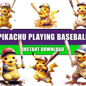 10 Pikachu che gioca a baseball PNG Clipart trasparente Design, stampabile a sublimazione, download digitale istantaneo, cartone animato Pokémon Sport Art
