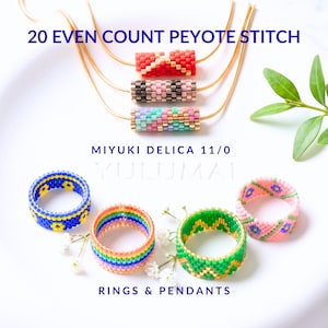 Peut inclure: Trois pendentifs cylindriques sur chaînes dorées et quatre bagues perlées avec 20 EVEN COUNT PEYOTE STITCH et MIYUKI DELICA 11/0. Les pendentifs présentent des motifs géométriques rouges, bruns et pastel. Les bagues arborent des motifs floraux bleus, arc-en-ciel, chevrons verts et floraux roses.