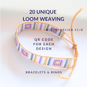 Peut inclure: Un bracelet tissé avec un motif géométrique de perles blanches, lavande, dorées et grises. Le bracelet est fait de perles Miyuki Delica 11/0 et possède une fermeture en cordon beige. Le texte sur l'image indique "20 UNIQUE LOOM WEAVING" et "BRACELETS & RINGS."