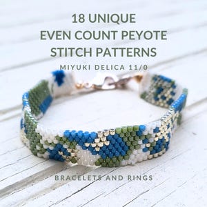18 Even Count Peyote Stitch Patterns PDF | Miyuki Delica 11/0 Designs | Bracelets & Rings| each design as in own QR code. PDF with 27 pages.