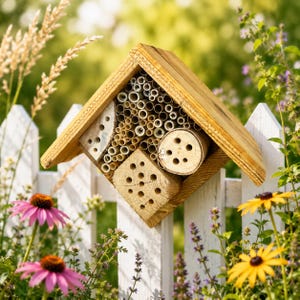 May include: A wooden bee house with a triangular roof, featuring a collection of hollow bamboo tubes and a square block with drilled holes for nesting. The structure is made of light-colored wood and is designed with various circular openings.