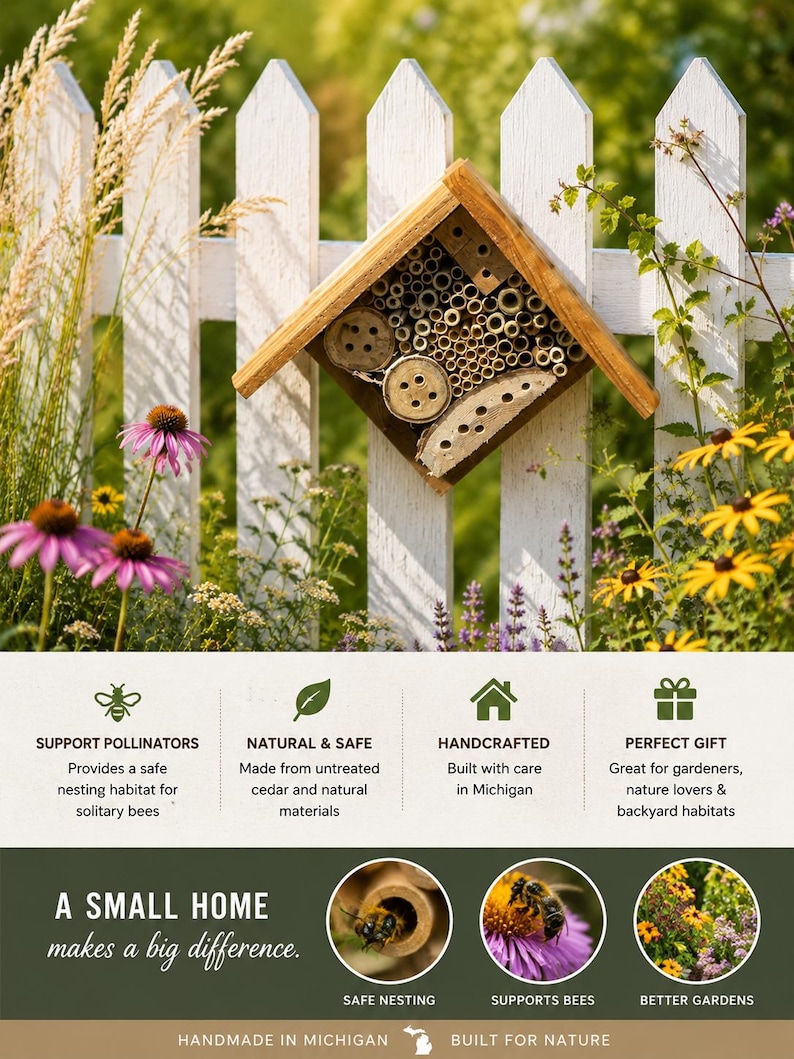 May include: A diamond-shaped wooden bee house with various sized bamboo tubes and drilled wood blocks, mounted on a white picket fence. Text includes: SUPPORT POLLINATORS, NATURAL & SAFE, HANDCRAFTED, PERFECT GIFT, A SMALL HOME makes a big difference.