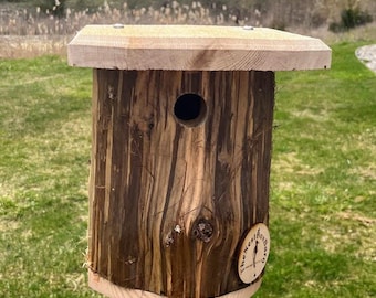 Cedar Log Birdhouse Nest Box – Handmade for Titmouse, Nuthatch, Chickadee, Wren & Downy Woodpecker