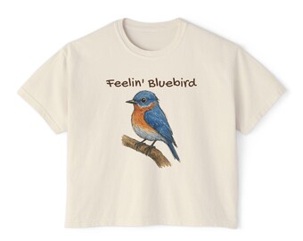 Women&#39;s Tee, Feelin&#39; Bluebird T-Shirt for Bird Watchers and Nature Lovers, Boxy Tee with Catch Phrase, Fun Cute Shirt, Bluebird Lover Gift,