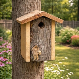May include: A rustic wooden birdhouse with a natural wood grain finish is mounted on a tree trunk. The birdhouse has a small round entrance hole and a pitched roof. The background shows a lush green garden with flowers.