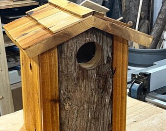 Screech Owl Birdhouse: Handcrafted Cedar Nest Box with Rustic Bark Front and Clean-Out Tray