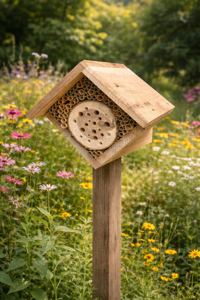 May include: A wooden bee house featuring a peaked roof, a central circular log section with drilled holes, and surrounding bamboo tubes. The structure is mounted on a vertical wooden post, providing a habitat for solitary bees and pollinators.