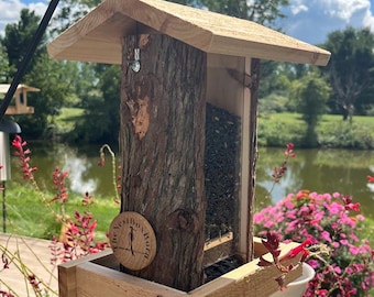Hanging Log Bird Feeder: Cedar Rustic Handmade Garden Decor