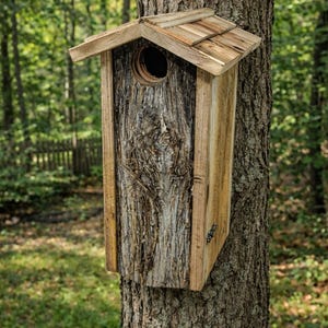 May include: A rustic wooden birdhouse with a natural bark front and a small round entrance hole. The birdhouse is mounted on a tree trunk and has a small, angled roof. The wood has a natural, weathered appearance.