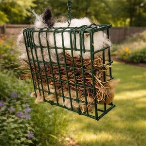 May include: A hanging bird feeder with a green metal cage design. The cage is filled with nesting materials, including white fluff, twigs, and other natural elements. The feeder hangs from a chain in a garden setting.