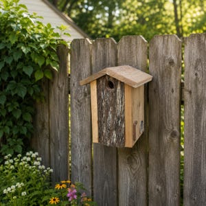 Handcrafted Cedar Chickadee Birdhouse – Natural Bark Front, Version 2.0 Nest Box