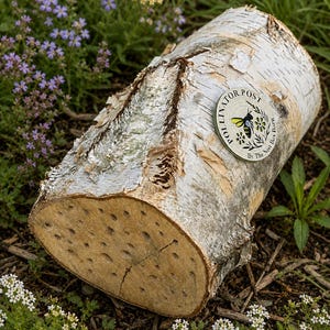 May include: A birch log pollinator post with a circular emblem featuring a bee. The log has numerous drilled holes and is surrounded by greenery and wildflowers. The bark is white and gray.