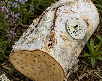 Bee House: Rustic Birch Log Solitary Bee Habitat with Mounting Pole