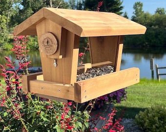 Hanging Hopper Bird Feeder: Reclaimed Cedar Wood, Cardinal Friendly