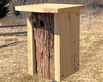 Handcrafted Cedar Nest Box: Rustic Bark Front Birdhouse