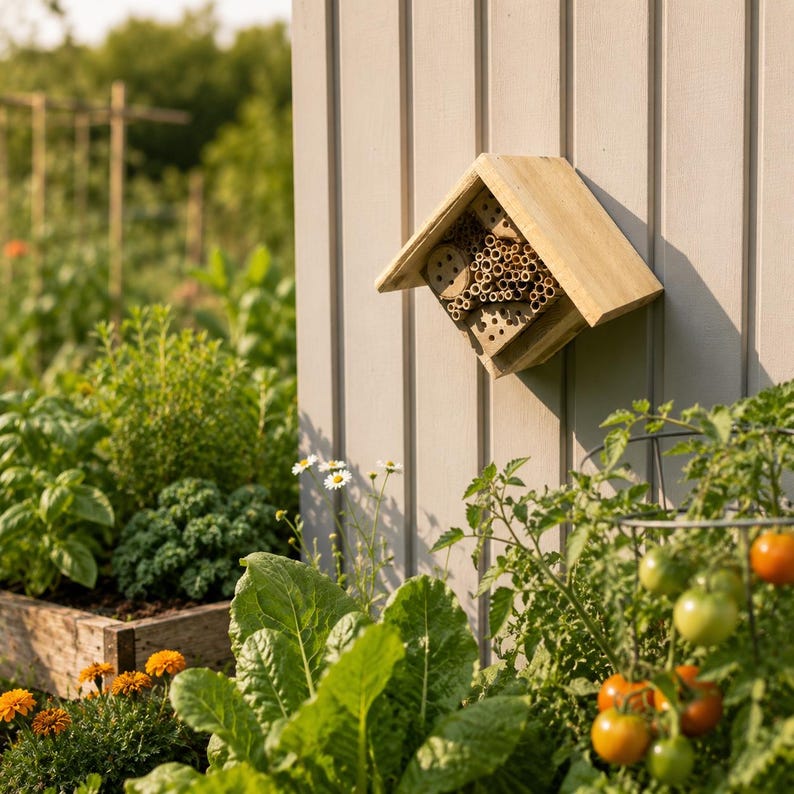 May include: A light-colored wooden bee house with a peaked roof, featuring a collection of hollow bamboo tubes and a circular wooden disc with small holes, mounted on a vertical paneled wall above a lush garden with green plants and tomatoes.