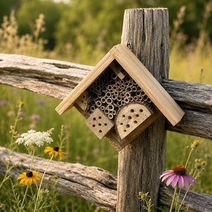 May include: A diamond-shaped wooden insect hotel featuring a peaked roof, filled with various hollow bamboo tubes, a square block with drilled holes, and a semi-circular wooden piece with multiple circular openings, mounted on a wooden fence post.