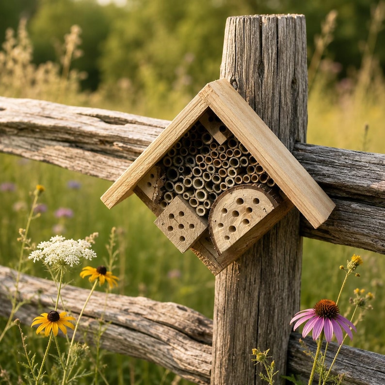 May include: A diamond-shaped wooden insect hotel featuring a peaked roof, filled with various hollow bamboo tubes, a square block with drilled holes, and a semi-circular wooden piece with multiple circular openings, mounted on a wooden fence post.
