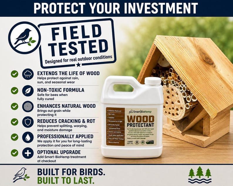 May include: A white plastic jug of SmartBioHemp wood protectant with a label reading Wood Protectant, 1 Quart (32 fl oz). Next to it is a wooden bee house with hollow tubes. The background features text about protecting wood and outdoor use.