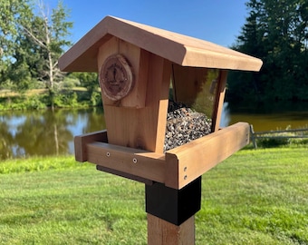 Hopper Bird Feeder: Pole Mount, Reclaimed Cedar, Cardinal Friendly
