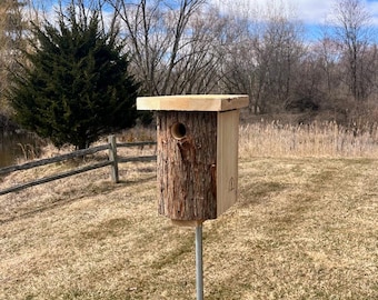 Handcrafted Cedar Birdhouse: Natural Bark Front, Bluebird & Tree Swallow Nest Box