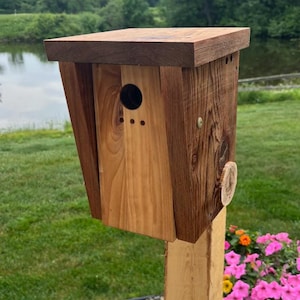 Modern Chickadee Nest Box – Premere Chickadee Birdhouse in Reclaimed Cedar with Butcher Block Front