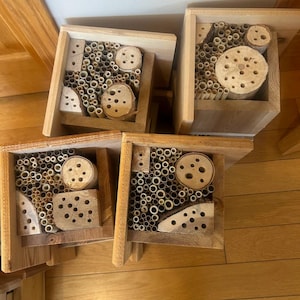 May include: Four wooden bee houses, each featuring a square frame filled with a variety of natural materials including hollow bamboo reeds and sections of logs with drilled holes of different sizes to provide nesting sites for solitary bees.