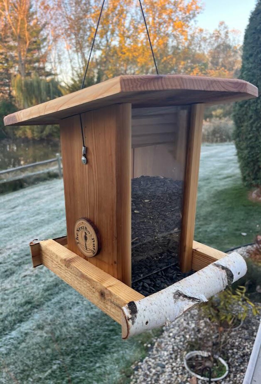 Handcrafted Cedar Hopper Bird Feeder Hanging Birch Perch Durable Photo Inspiration