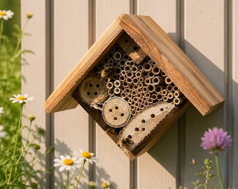 May include: A diamond-shaped wooden bee house featuring a peaked roof and a collection of hollow bamboo tubes and drilled wooden blocks. The structure is mounted on a light-colored vertical panel, with small bees visible near the openings.