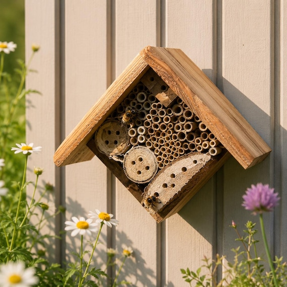 Cedar Bee House – Handmade Mason Bee Hotel – Native Pollinator Habitat – Solid Wood Garden Gift