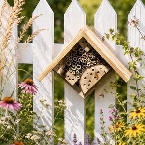 May include: A diamond-shaped wooden insect hotel featuring a peaked roof and various internal compartments filled with hollow bamboo tubes and drilled wooden blocks, mounted on a white picket fence surrounded by colorful garden flowers.