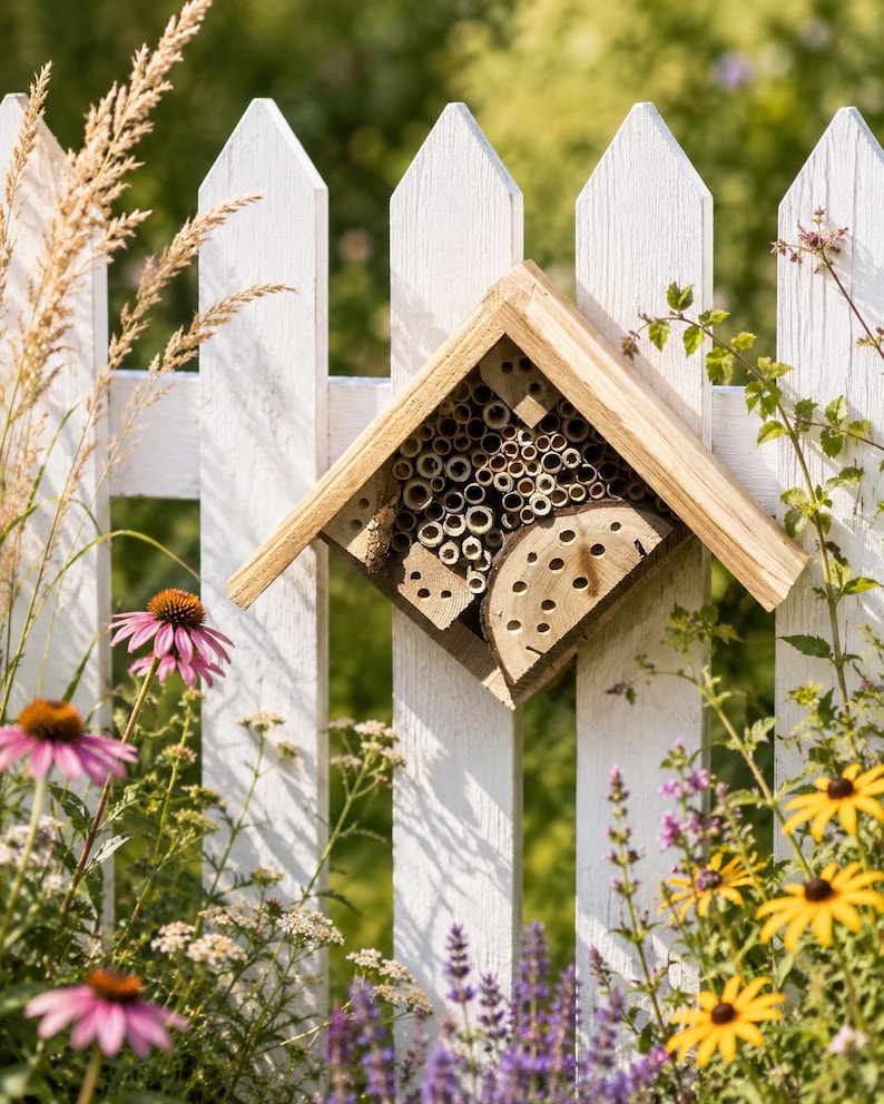 May include: A diamond-shaped wooden insect hotel featuring a peaked roof and various internal compartments filled with hollow bamboo tubes and drilled wooden blocks, mounted on a white picket fence surrounded by colorful garden flowers.