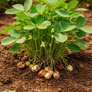 May include: A close-up of a peanut plant growing in soil. The plant has green leaves and small yellow flowers. Several peanuts are visible, partially buried in the soil. The peanuts are brown and tan.