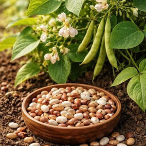Puede incluir: Un cuenco de madera lleno de una variedad de frijoles, incluyendo blancos, beiges y marrones. Plantas de jud&iacute;as verdes con vainas y peque&ntilde;as flores blancas en el fondo, sobre tierra y follaje.