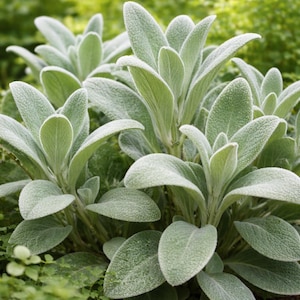 May include: Close-up of a cluster of Lamb's Ear plants. The leaves are a soft, silvery-green color and have a velvety texture. The plants are surrounded by other green foliage, creating a natural garden scene.