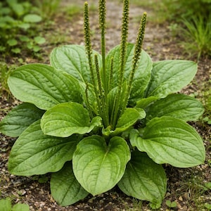 May include: A close-up shot of a green plantain plant. The plant features large, oval-shaped leaves and several tall, slender flower spikes with small, yellow blooms. The plant is set against a backdrop of soil and greenery.