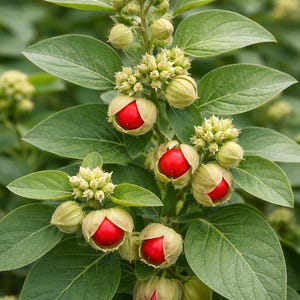 May include: Detailed image of a plant featuring green leaves and clusters of small, pale green buds. Vivid red berries are partially visible within the green husks. The plant is in focus against a blurred green backdrop.