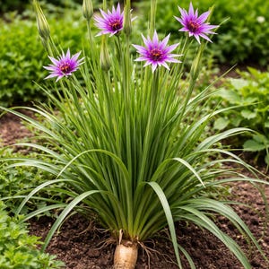May include: A close-up of a plant with vibrant purple flowers and long, green, blade-like leaves. The flowers have a star-like shape with a dark center. The plant is rooted in brown soil, with a bulbous base.