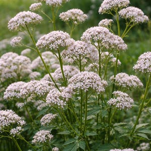 May include: A close-up of a cluster of white flowers with small, delicate petals. The flowers are arranged in a rounded, umbrella-like shape atop green stems. The background is a soft, blurred green.