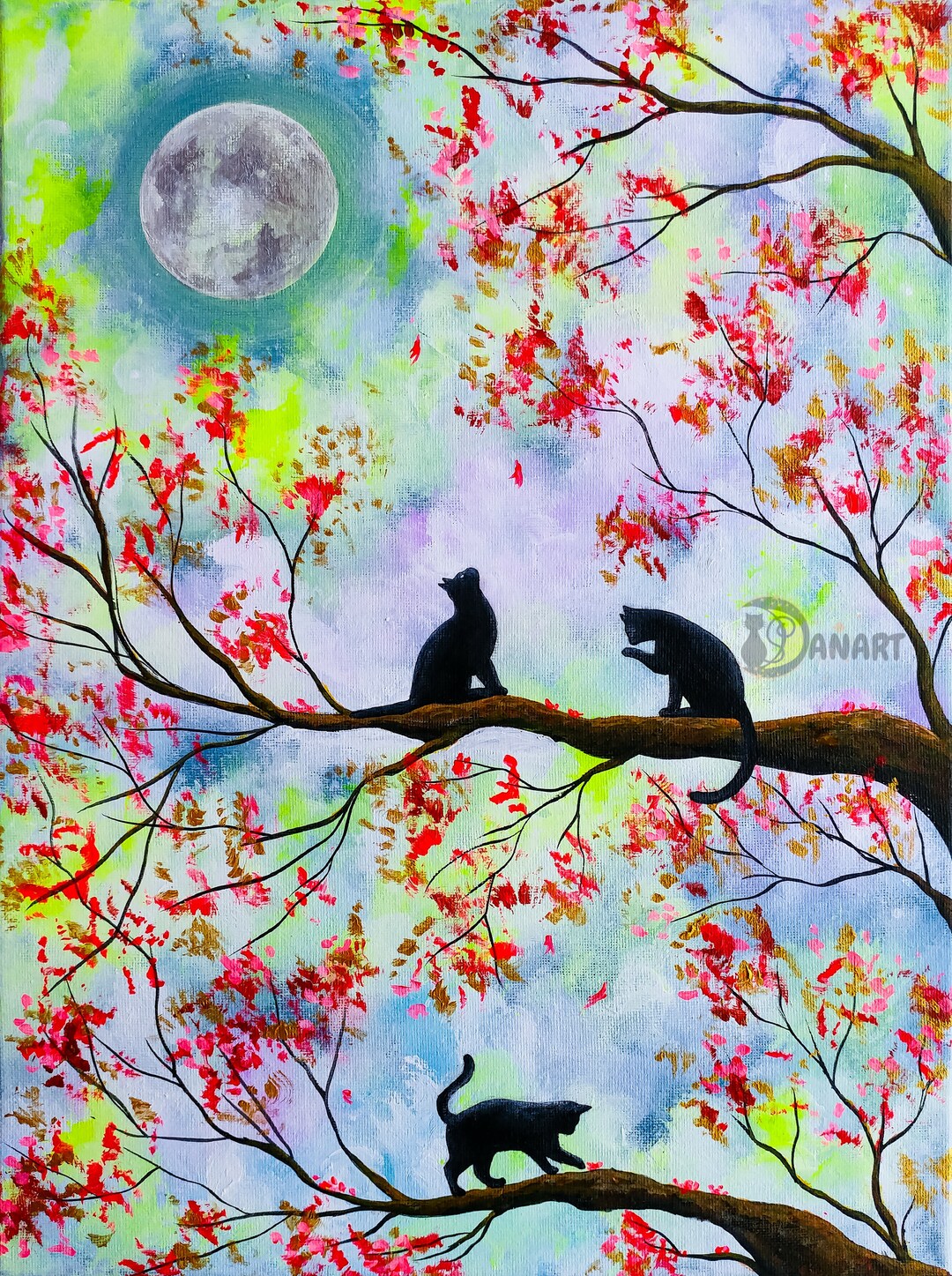 Original Cat Art on Canvas, Cute Cats Under the Moon, Moon Art, Cat ...