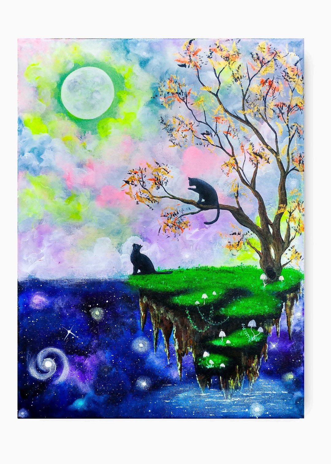 Original Cat Art on Canvas, Cute Cats Under the Moon, Moon Art, Cat ...