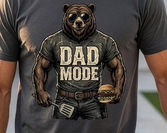Oso en modo papá PNG, diseño de hamburguesa barbacoa para el Día del Padre, estampado de sublimación de oso grizzly musculoso, diseño divertido de camiseta para papá (descarga digital)