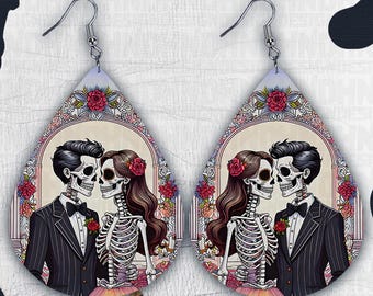 Skeleton Couple Gothic Love Earrings PNG - Teardrop Sublimation Art, Instant Download