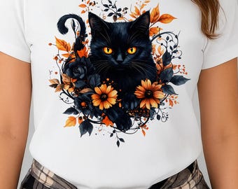 Black Cat Floral Sublimation PNG, Gothic Art, Dark Floral Clipart, Transparent Background, Digital Download