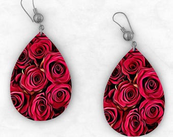 Roses Floral Teardrop Earring PNG, Digital Download for Sublimation Designs