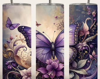Elegant Butterfly Tumbler Wrap PNG, 20oz Purple Floral Sublimation Design, Instant Digital Download