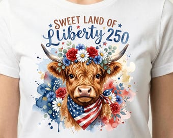 Vaca de las Tierras Altas Patriótica PNG, 250 Años de Libertad América 250º Diseño de Sublimación, Vaca Western Floral 4 de Julio, Descarga Digital