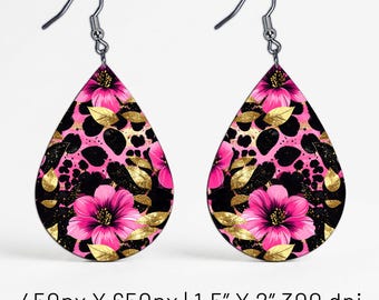 Pink Leopard Earring PNG, Floral Teardrop Sublimation Design, Gold Accent Jewelry, Digital Download