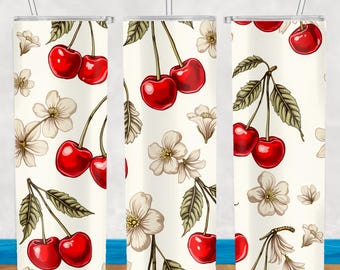 Floral Red Cherry Blossom 20 oz Skinny Tumbler Wrap, Sublimation PNG Design, Digital Download