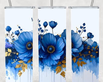 Blue Floral Tumbler Wrap 20oz PNG, Elegant Watercolor Flower Sublimation Design, Digital Download